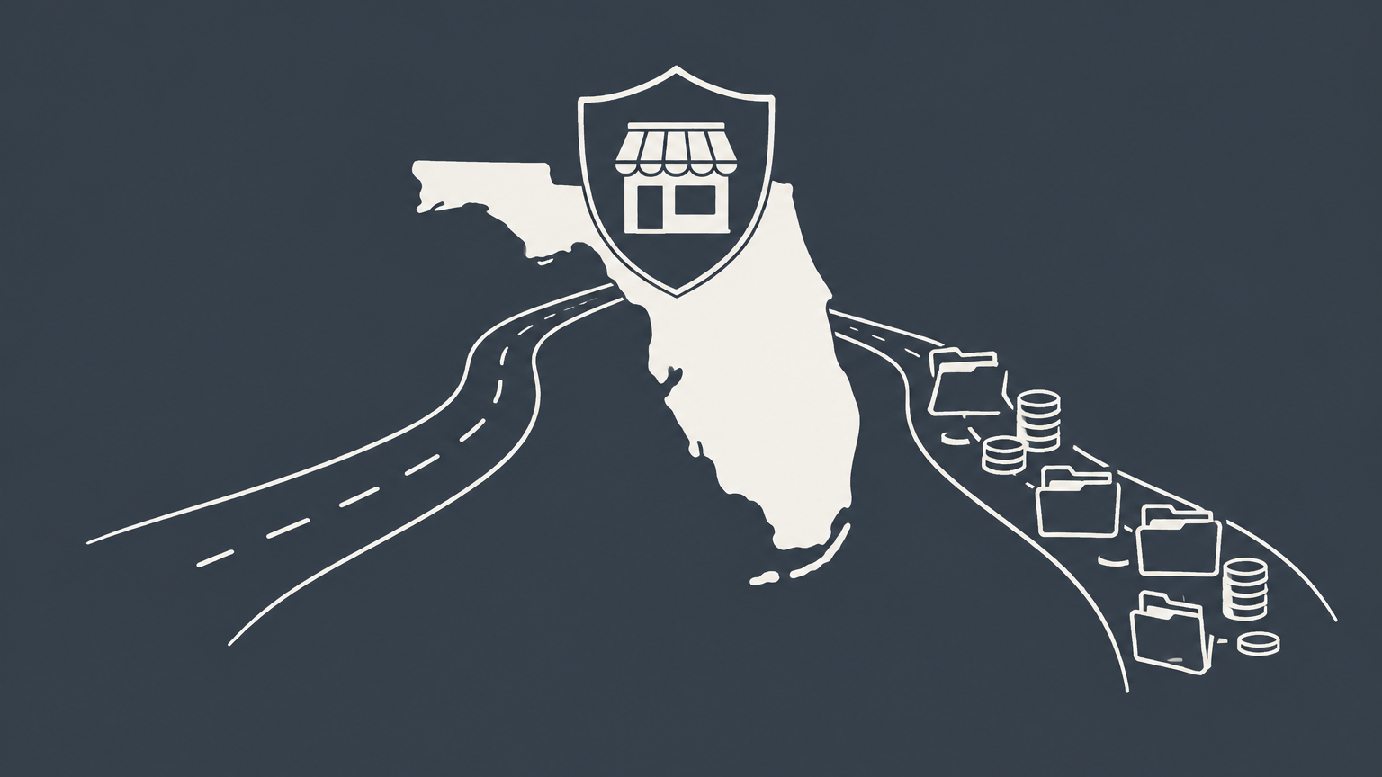 Flat illustration of a shielded storefront on a Florida-shaped platform with contrasting paths representing Florida LLC benefits and disadvantages.
