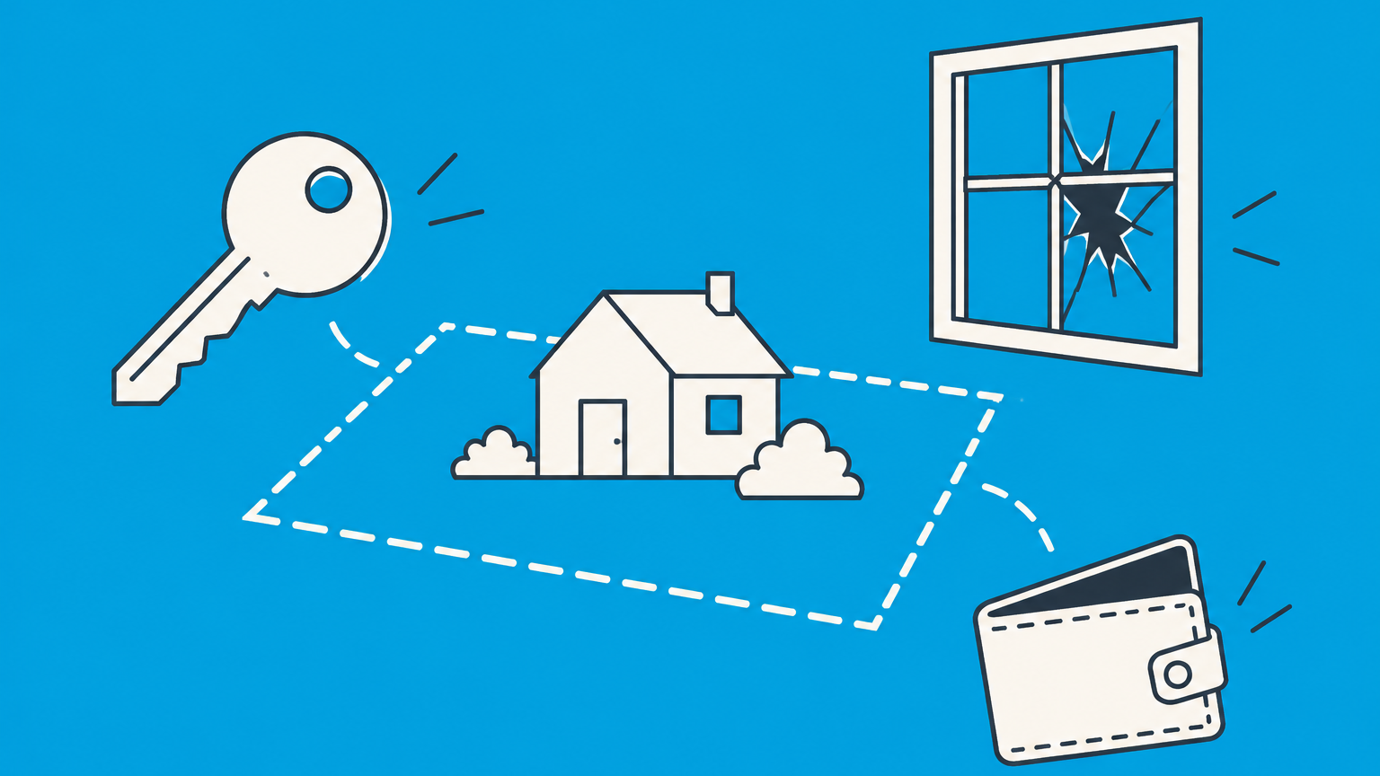 Flat illustration of a house key, cracked window, and missing wallet representing property crime.