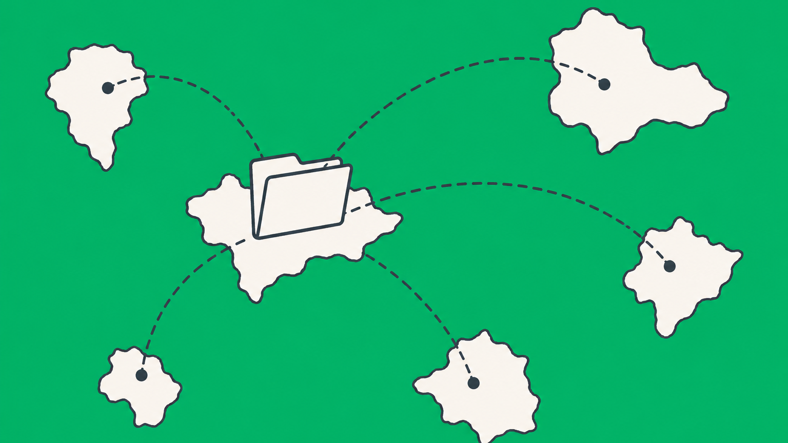 Flat illustration of a company folder anchored to a highlighted map region to represent jurisdiction of incorporation.