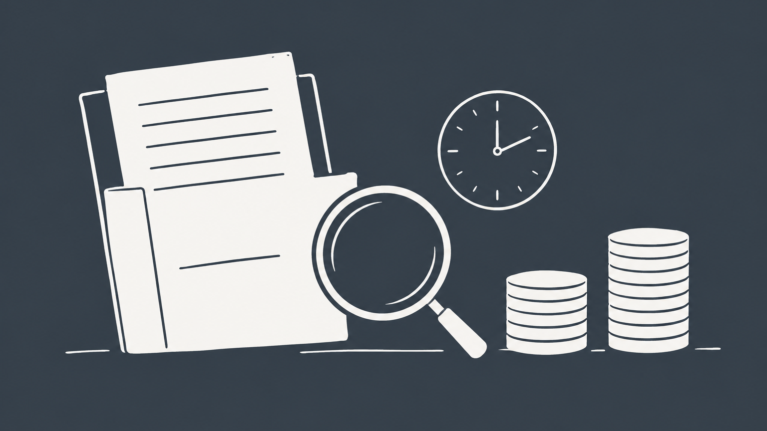 Flat illustration of a contract folder, magnifying glass, clock, and separate coin stacks representing contract lawyer services, costs, and compensation.