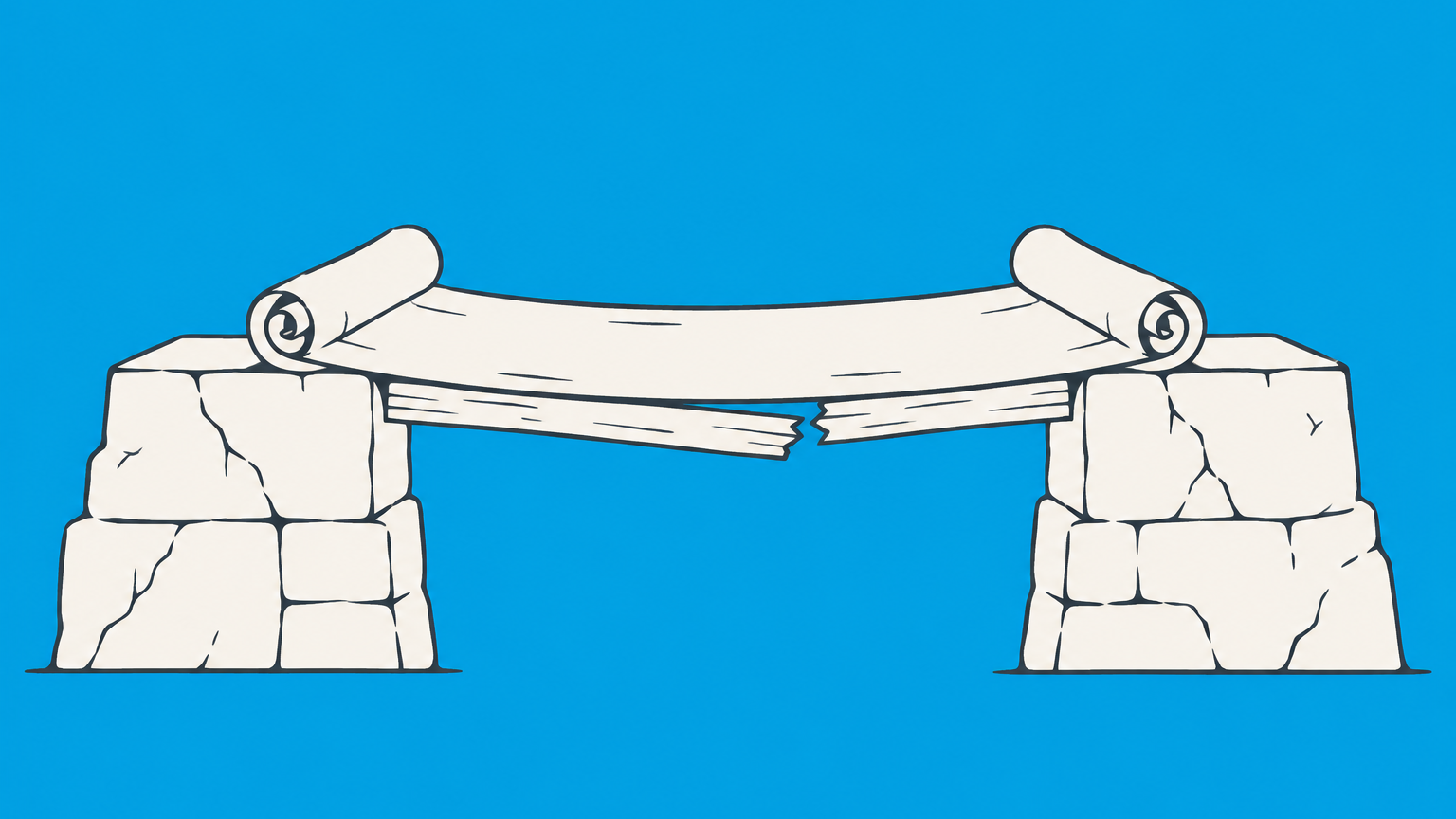 Flat illustration of an unsealed parchment forming a cracked bridge between two blocks to represent assumpsit and a broken informal promise.