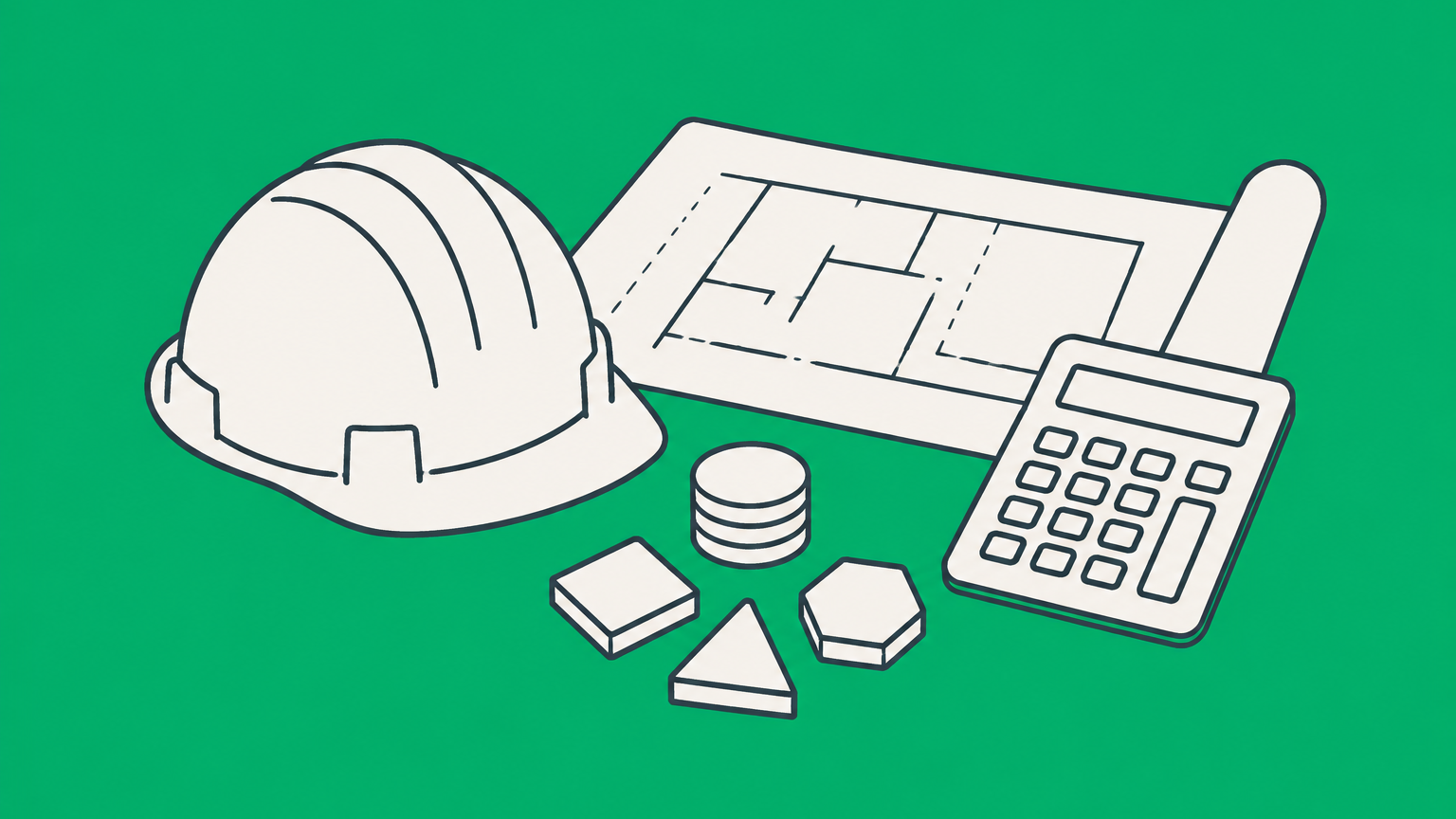 Flat illustration of a hard hat, blueprint, calculator, and payment tokens representing construction management fee structures.