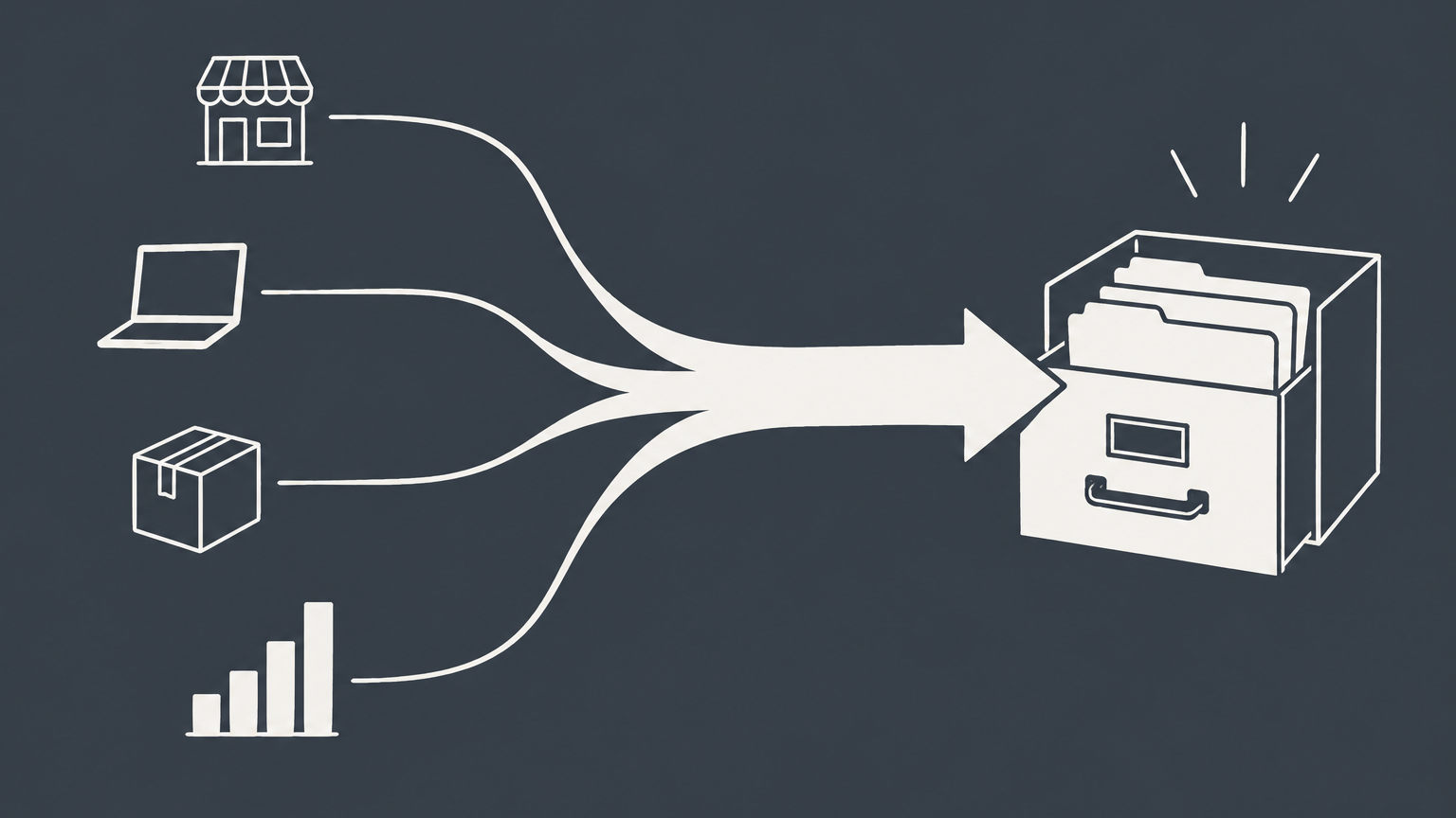 Flat illustration of several business activity paths converging into one main path and a categorized filing drawer to represent primary business activity classification.