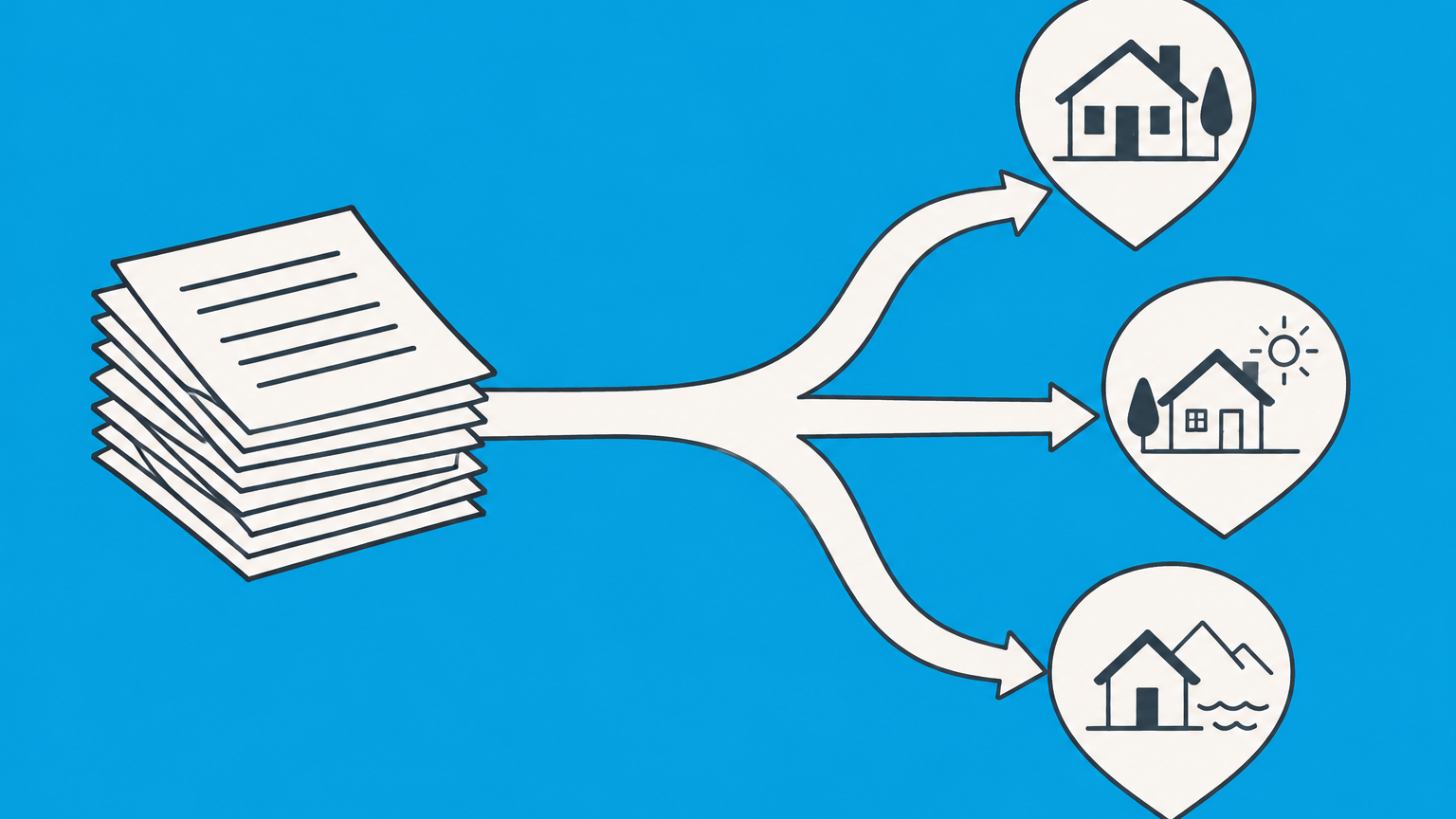 Flat illustration of tax papers branching toward three residence markers to represent Georgia filing requirements.