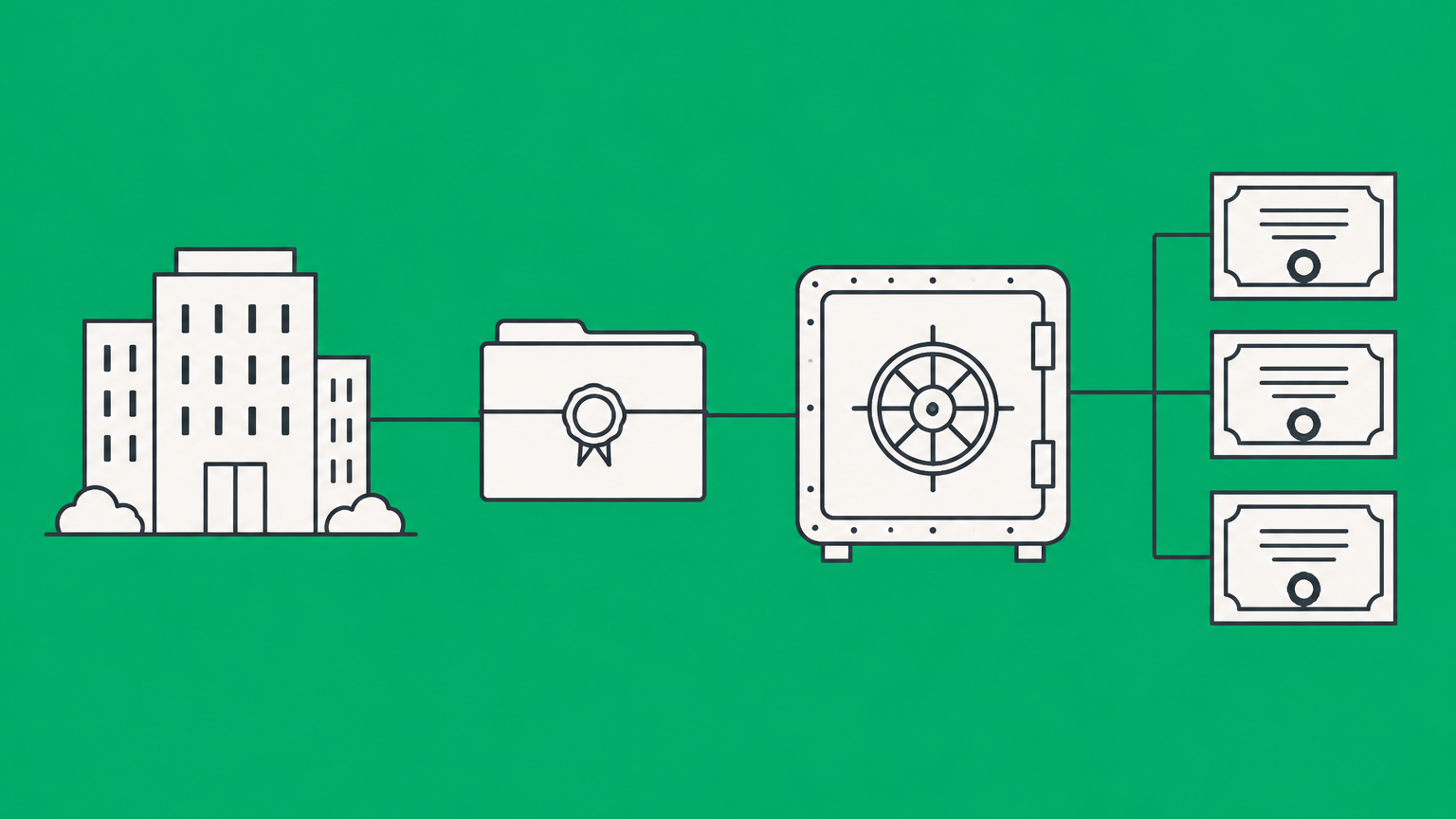 Flat illustration of a contract folder linking an issuer and bond certificates through a trustee bank vault to represent a bond indenture.