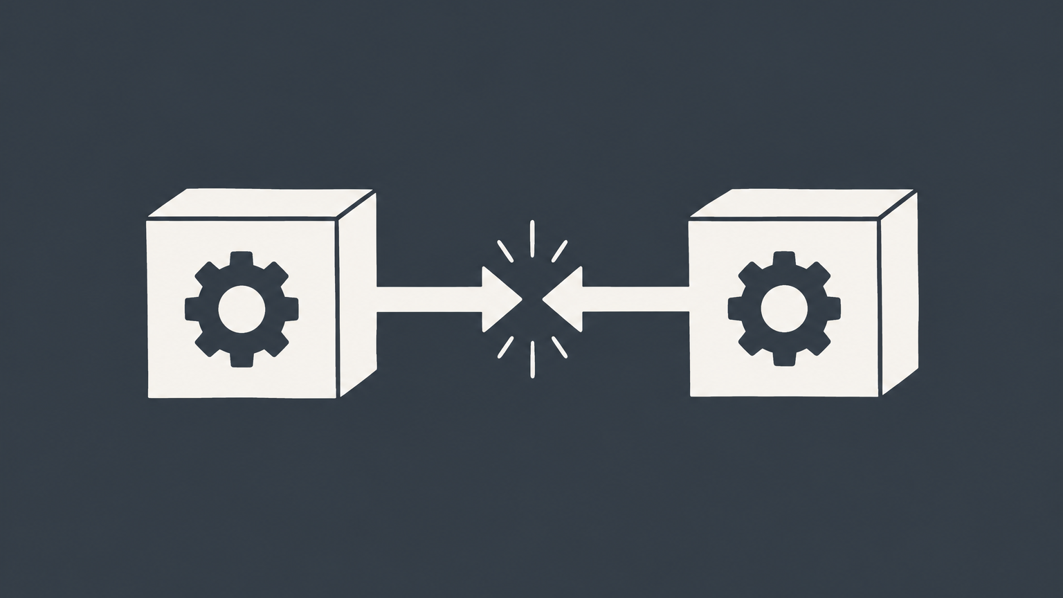Flat illustration of two opaque boxes connecting through outward arrows to represent the objective theory of contracts.