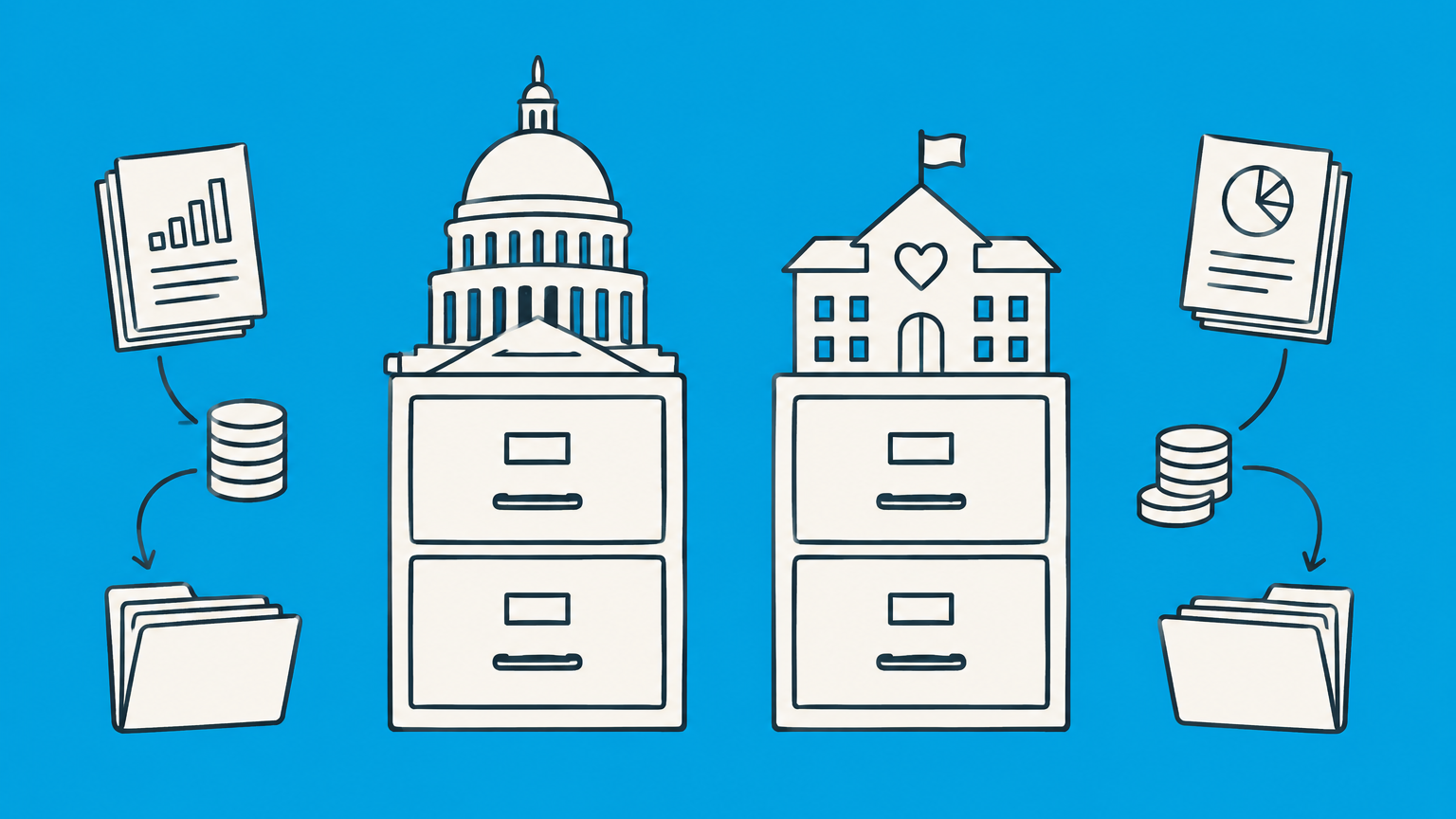 Flat illustration of separate government and community organization filing cabinets representing the distinction between government agencies and nonprofit organizations.