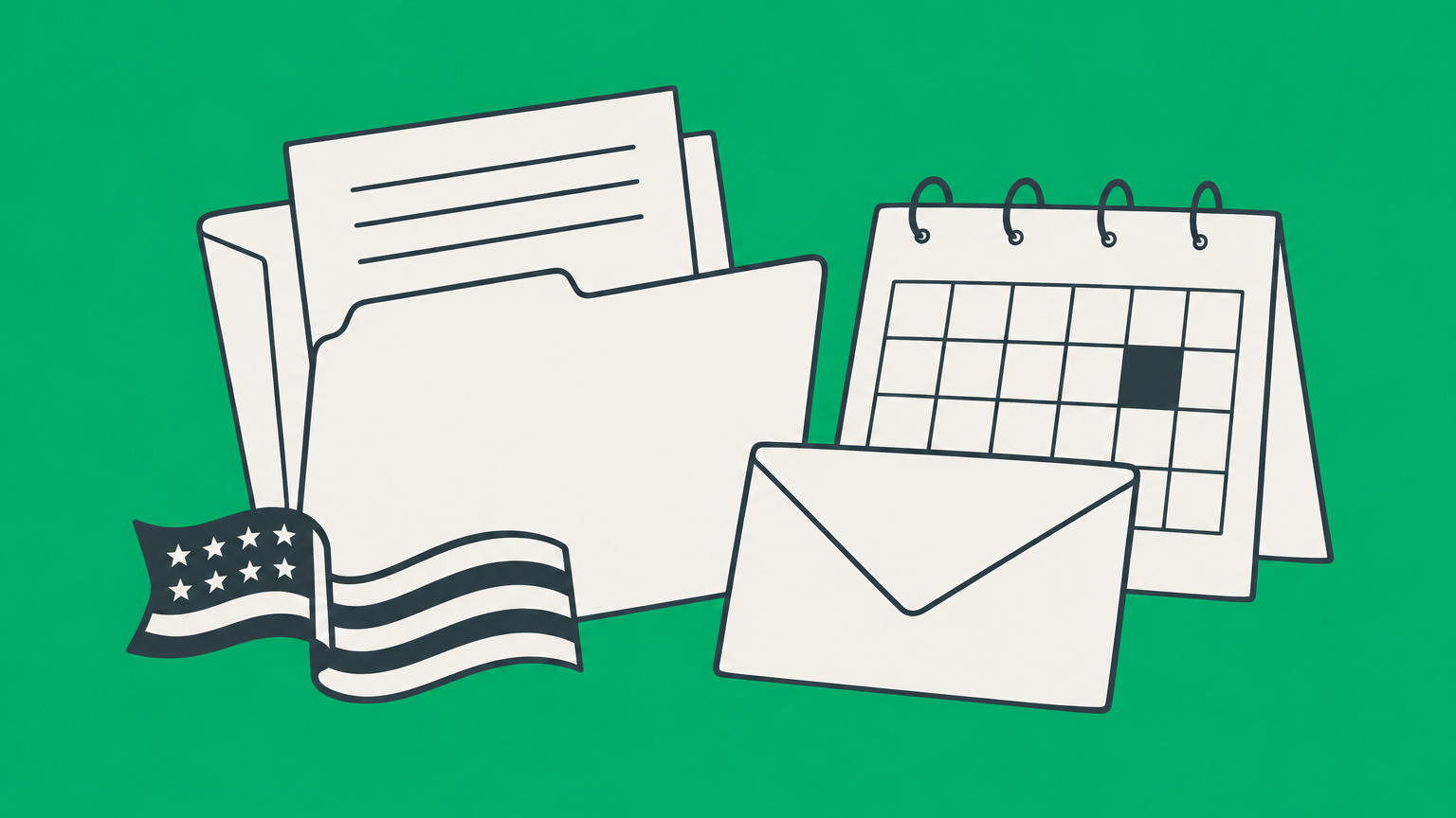 Flat illustration of an appointment envelope, calendar, document folder, and flag ribbon representing preparation for a U.S. citizenship oath ceremony.