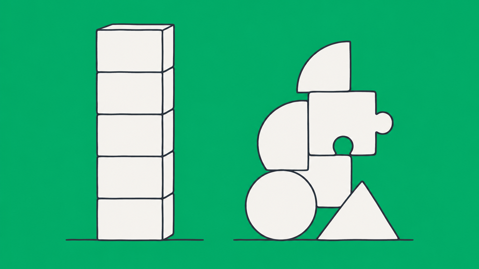 Flat illustration of a rigid block structure beside flexible connected pieces representing corporate and noncorporate entities.