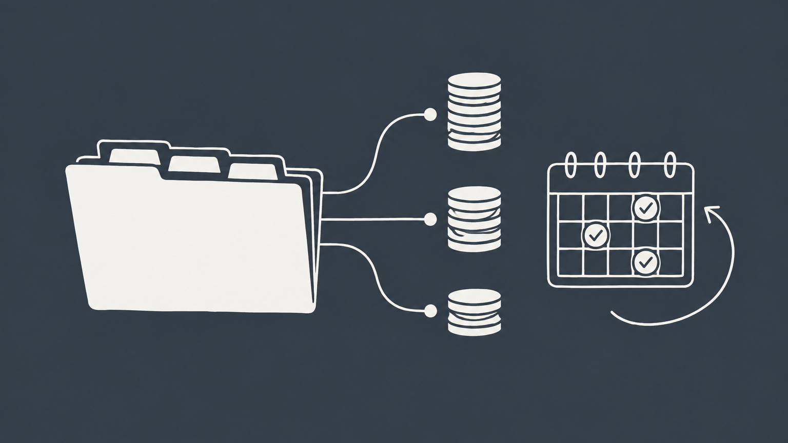 Flat illustration of a tabbed filing folder, coin stacks, and calendar checkpoints representing trademark filing and long-term costs.