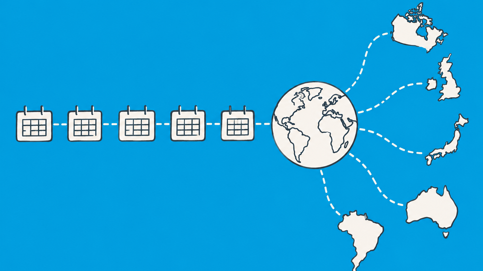 Flat illustration of calendar tiles leading to branching routes around a globe, representing the PCT timeline and national phase deadlines.