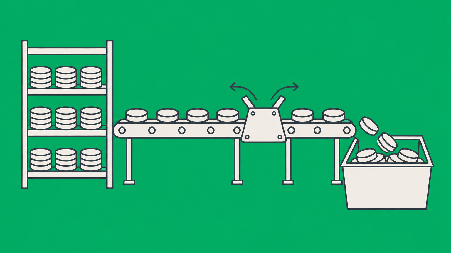 Flat illustration of a warehouse conveyor allocating cost tokens between inventory and expenses to represent Section 263A capitalization.