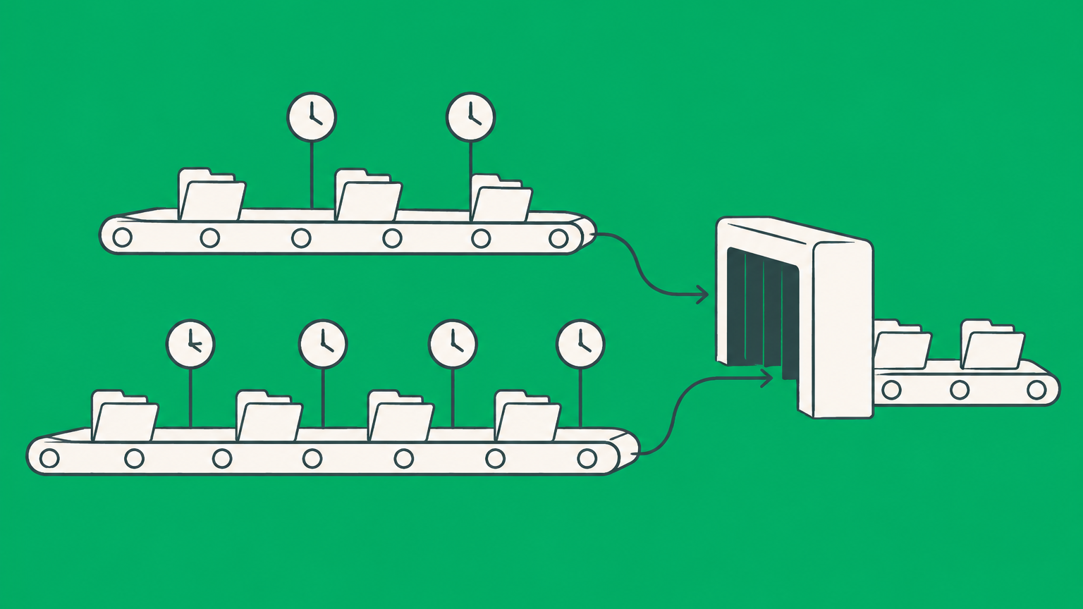 Flat illustration of two document conveyor belts with different clock-marker paths representing regular and premium H1B processing time.