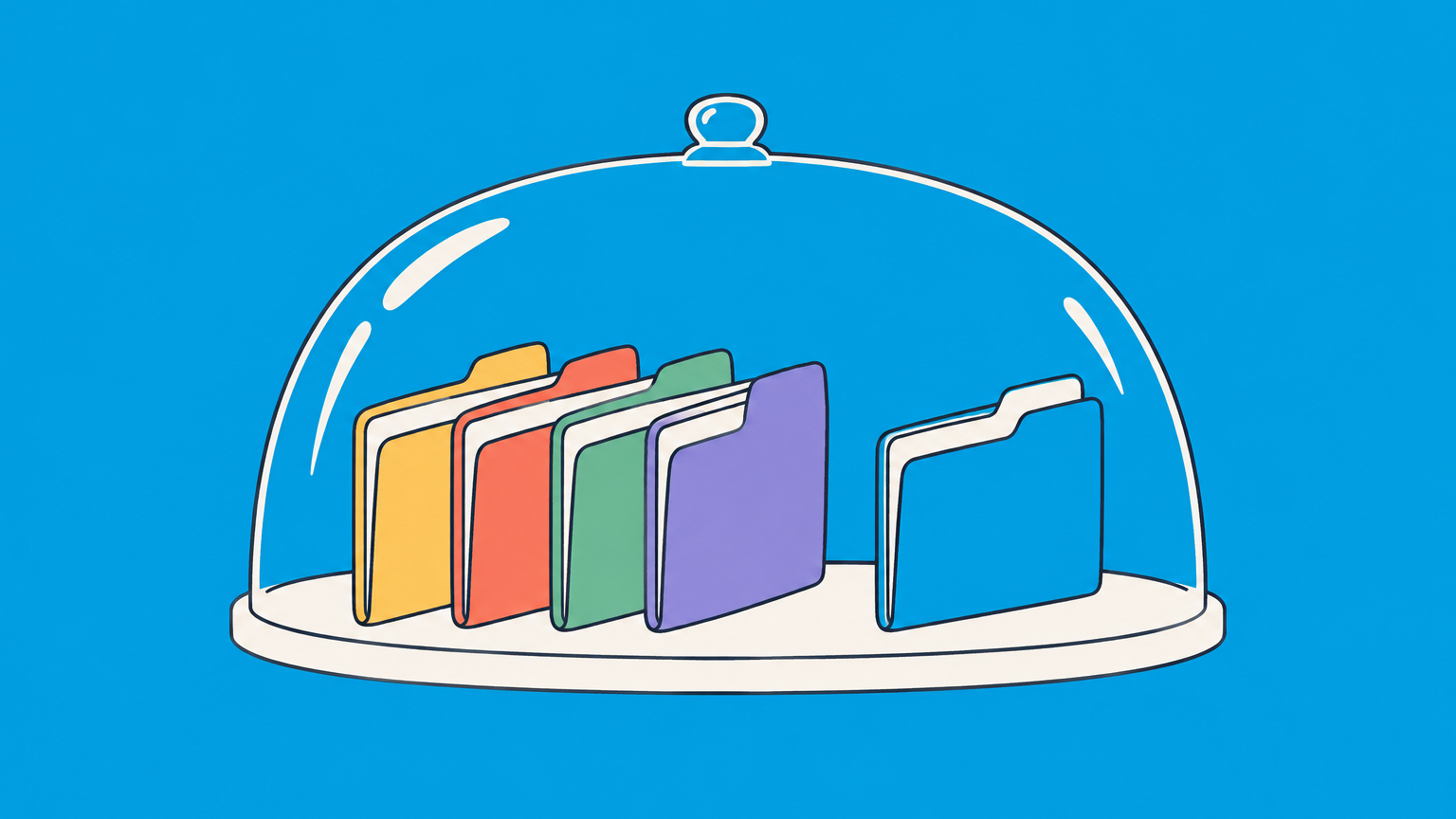 Flat illustration of five protected folders beneath an office canopy representing the five Title VII protected classes.