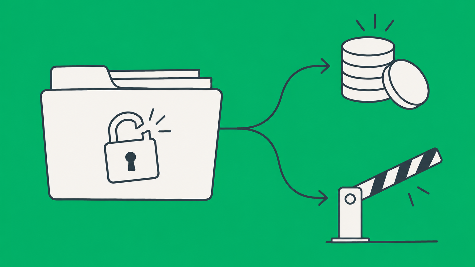 Flat illustration of a sealed document folder with a broken padlock, coin stack, and barrier representing NDA breach consequences.