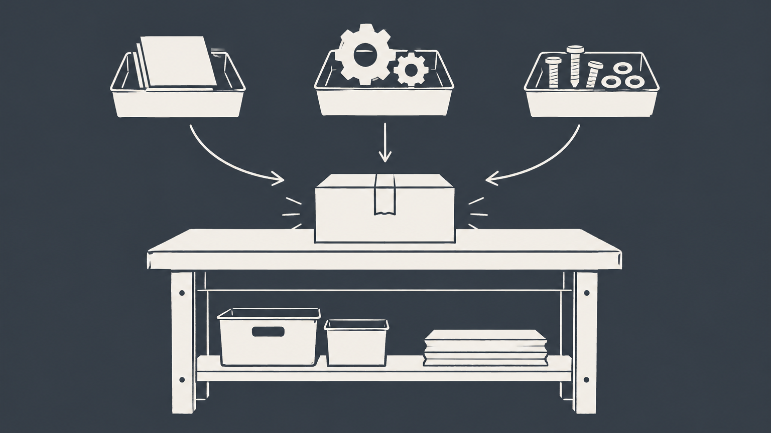 Flat illustration of separate workshop stations contributing parts to one finished package to represent business functions.
