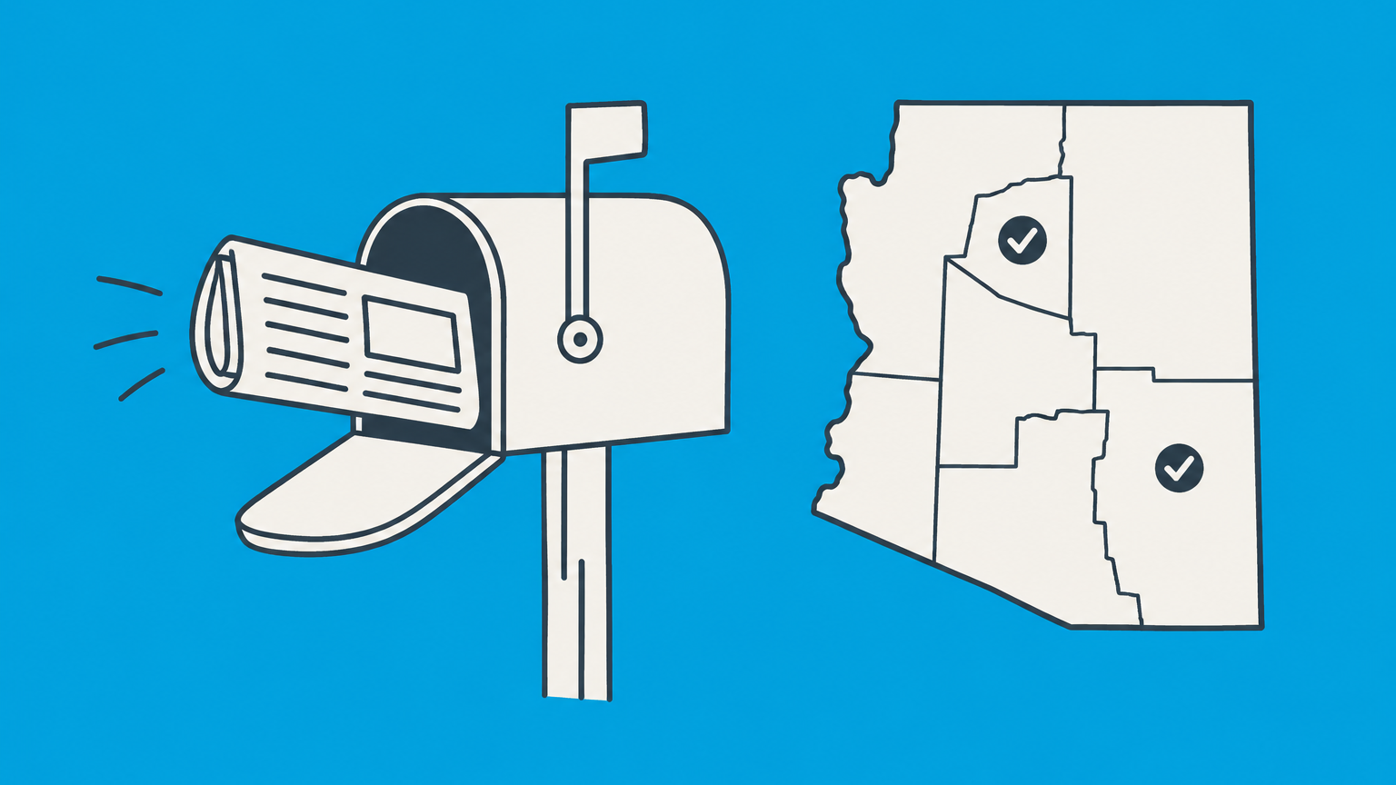 Flat illustration of a folded newspaper, mailbox, and Arizona map representing the Arizona LLC publication requirement.