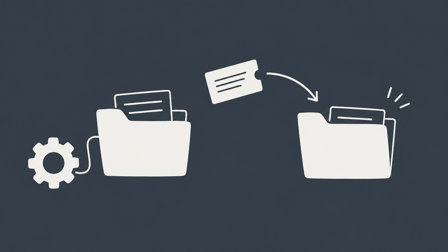 Flat illustration of a claim ticket moving between contract folders while a gear remains behind, representing assignment of rights without automatic delegation of duties.