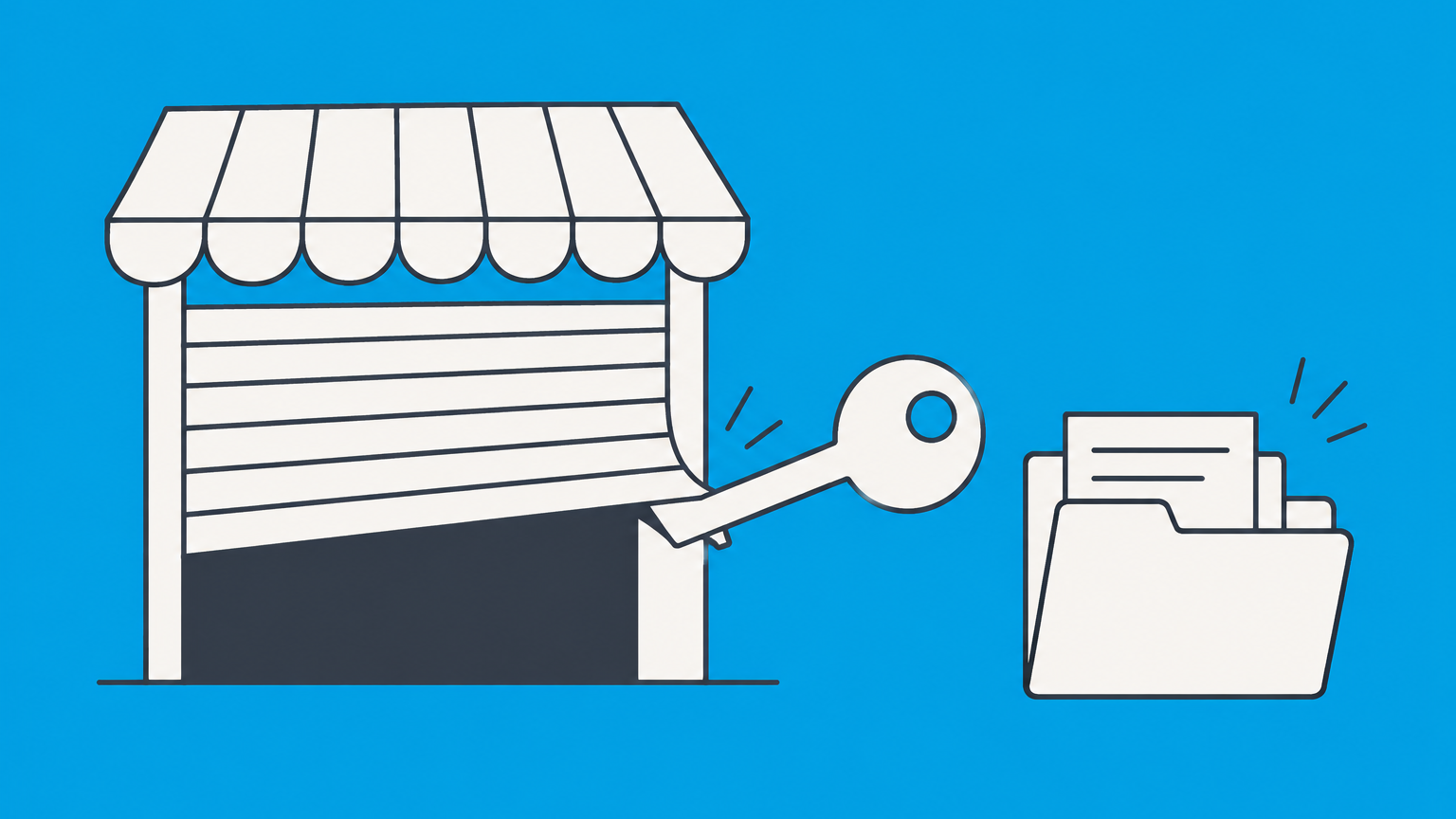 Flat illustration of a key lifting a closed storefront shutter beside a restored file folder to represent reopening a dissolved LLC.