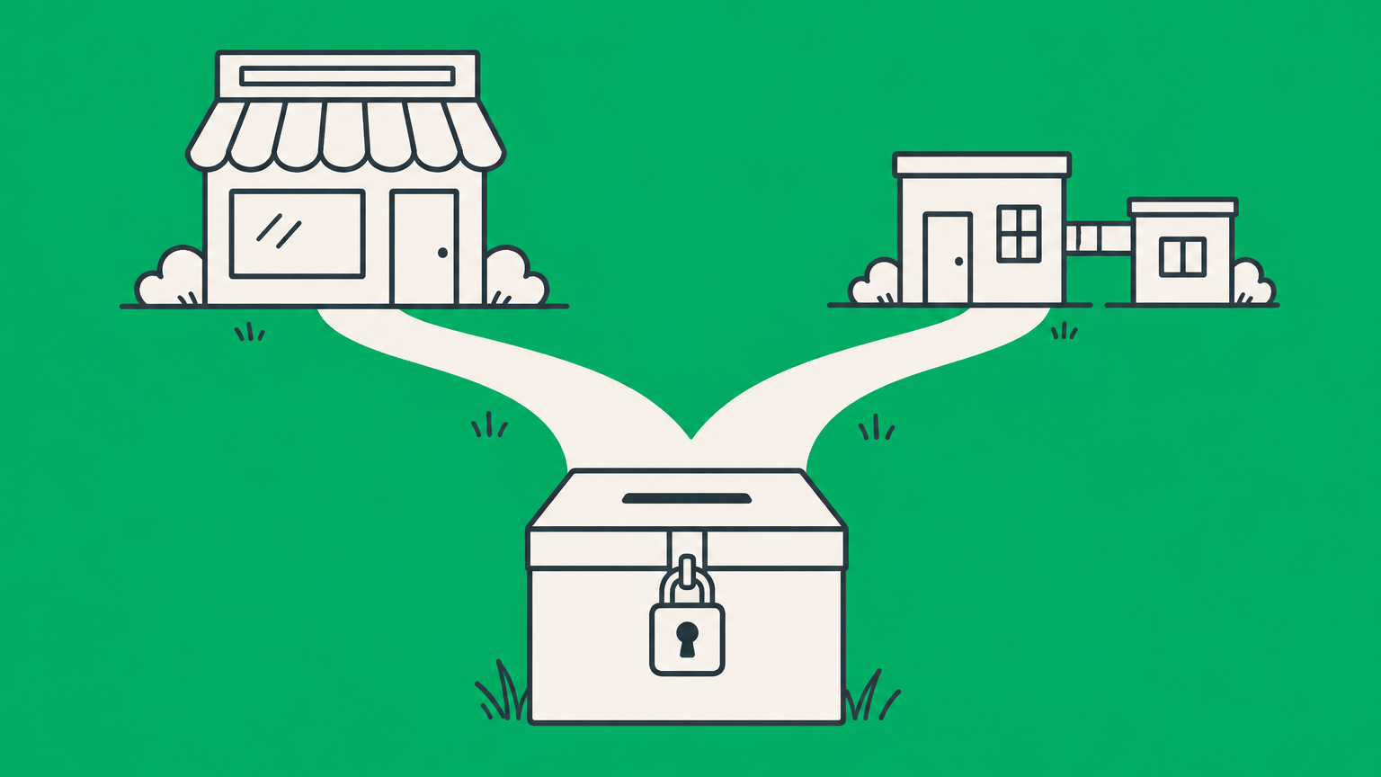 Flat illustration of a locked donation box beside branching paths to a storefront and subsidiary building, representing nonprofit-to-for-profit conversion options.