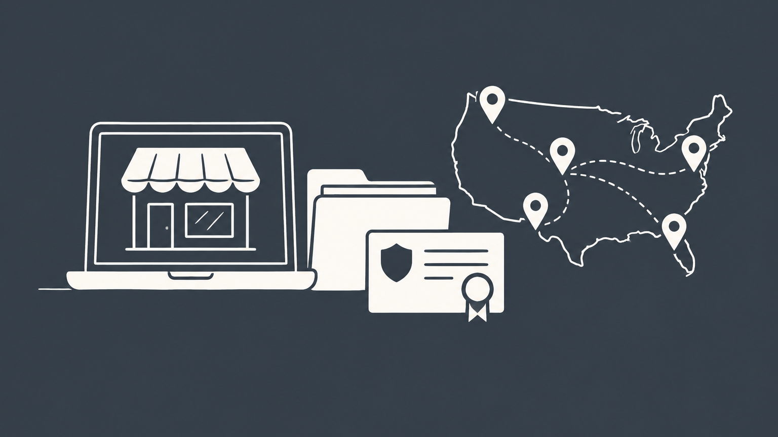 Flat illustration of an online storefront beside filing and permit objects representing online business registration.