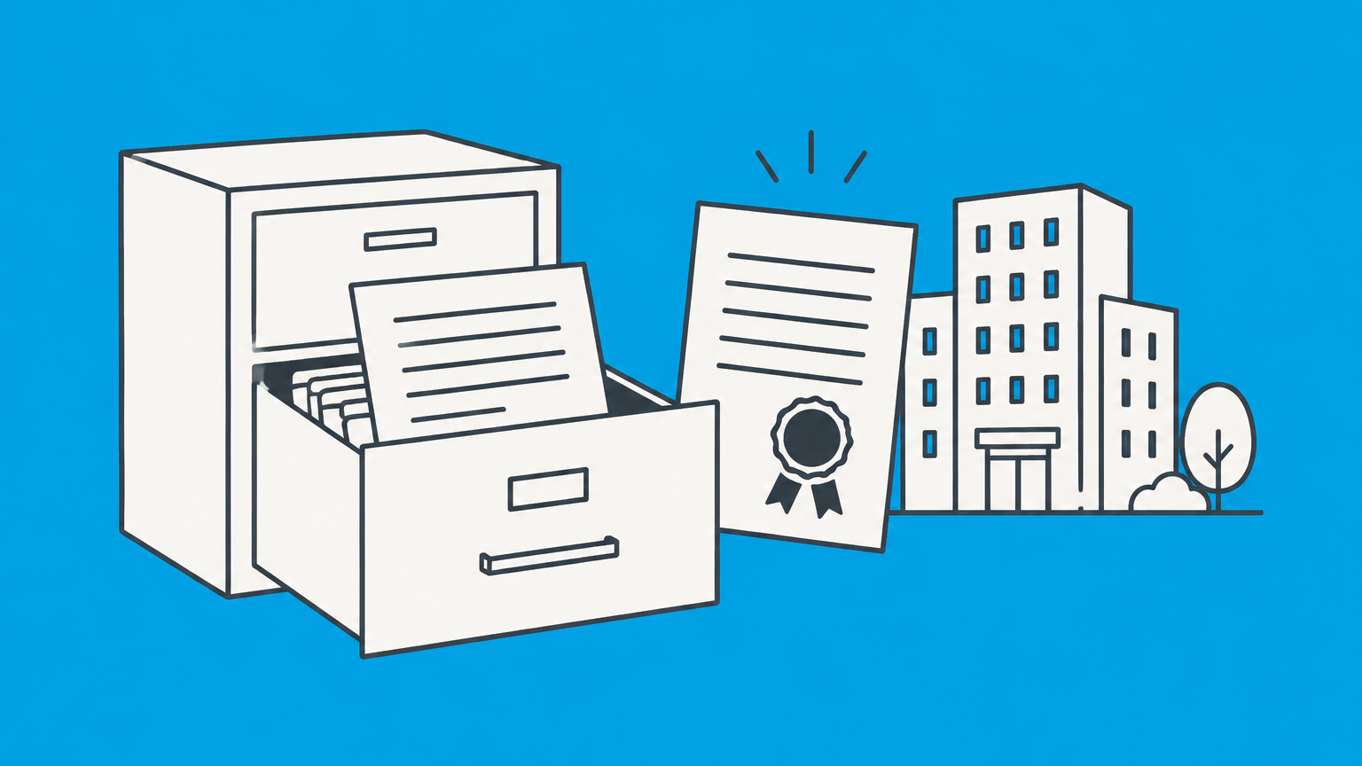 Flat illustration of an original filing and sealed duplicate representing a Delaware Certificate of Incorporation copy request.