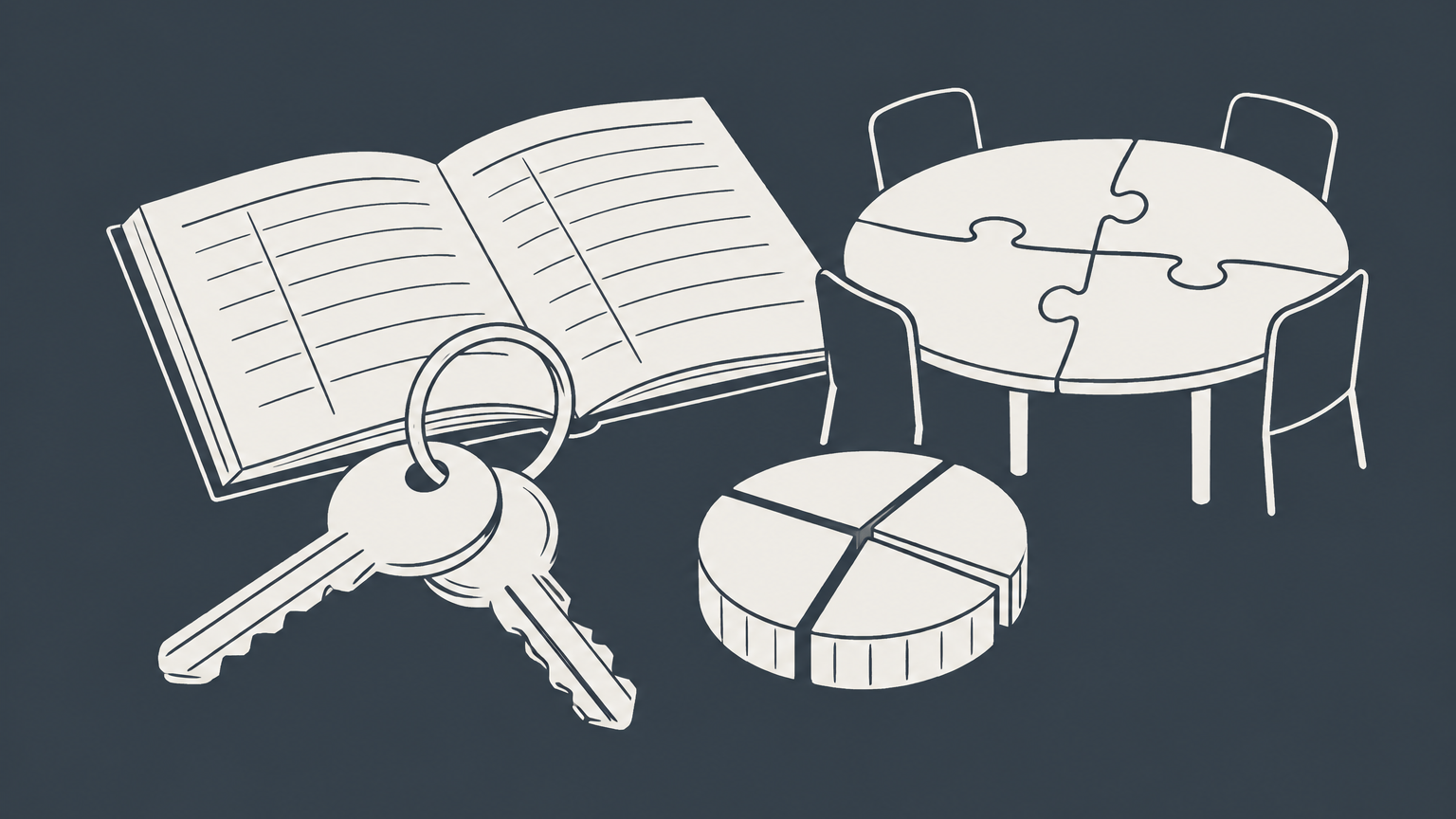 Flat illustration of a shared keyring, open ledger, segmented coin, and interlocking table pieces representing the rights of partners in a partnership.
