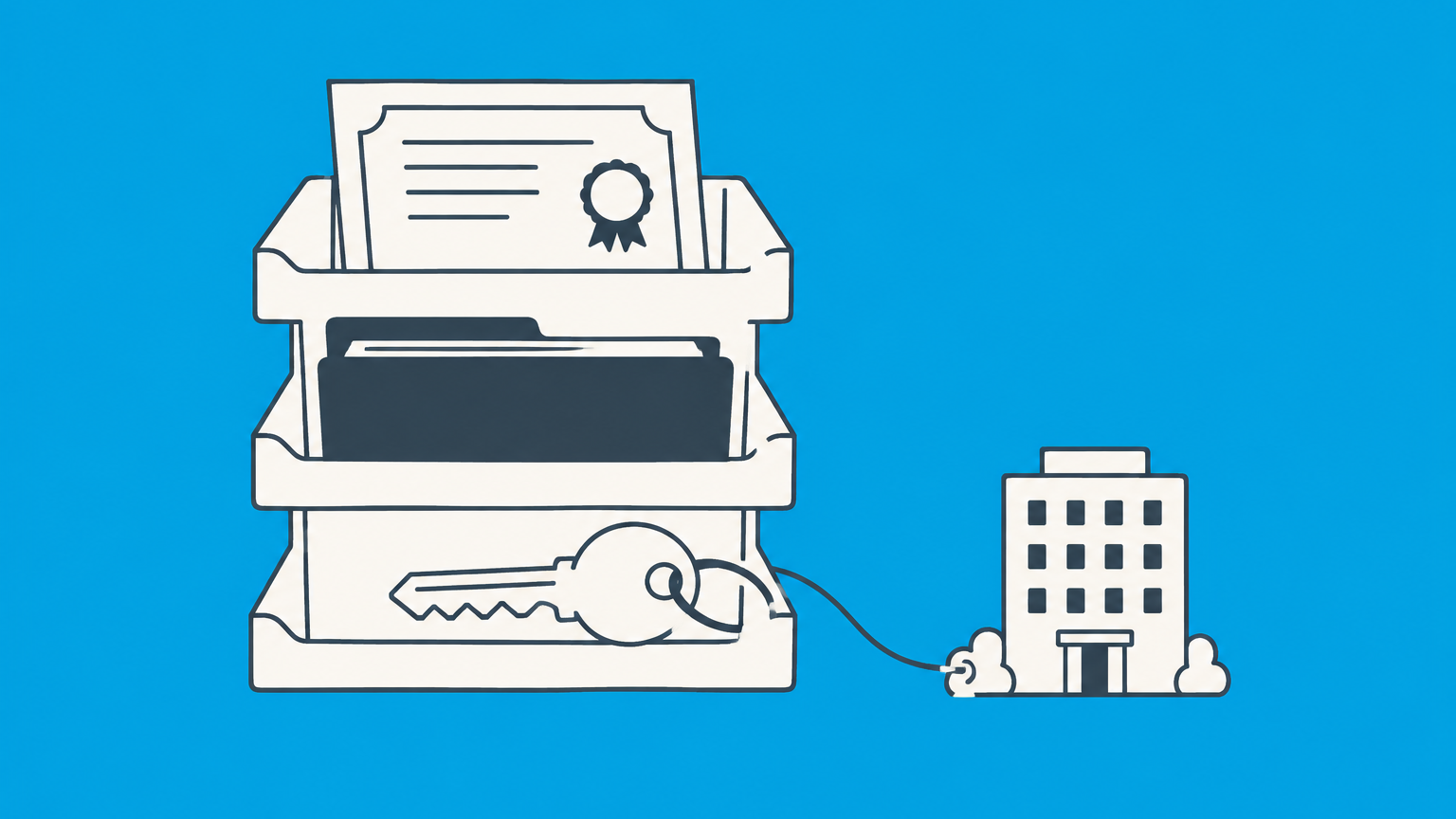 Flat illustration of a three-level desk organizer separating ownership, board governance, and an executive key to represent the corporate officer role.