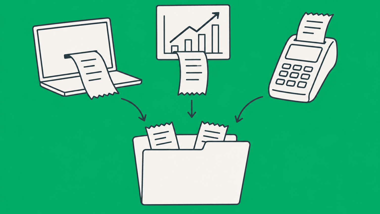 Flat illustration of payment receipts from several income sources flowing into a tax folder to represent a 1099 form.