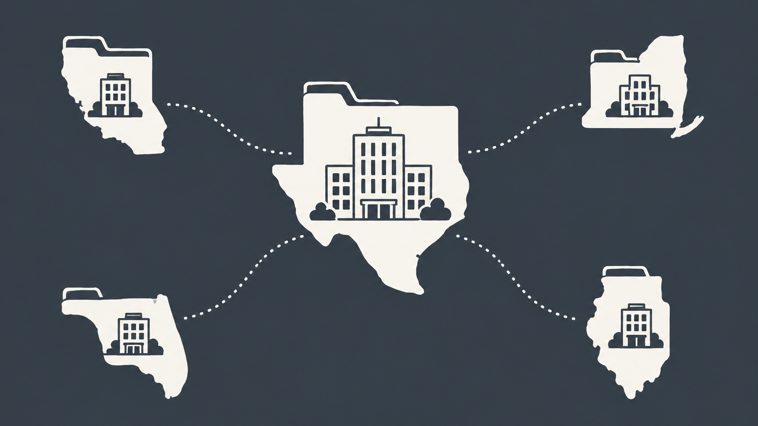 Flat illustration of a central office anchored in one state folder and connected to branches in other states, representing company domicile.