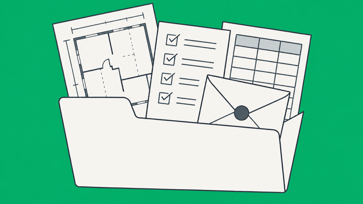 Flat illustration of an open project folder with a blueprint, checklist, pricing grid, and sealed envelope representing bid documents.