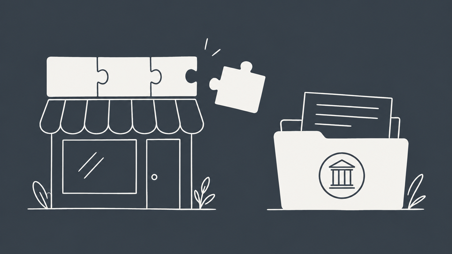 Flat illustration of a storefront sign with a detachable final puzzle piece and registration folder representing whether LLC must be included in a business name.