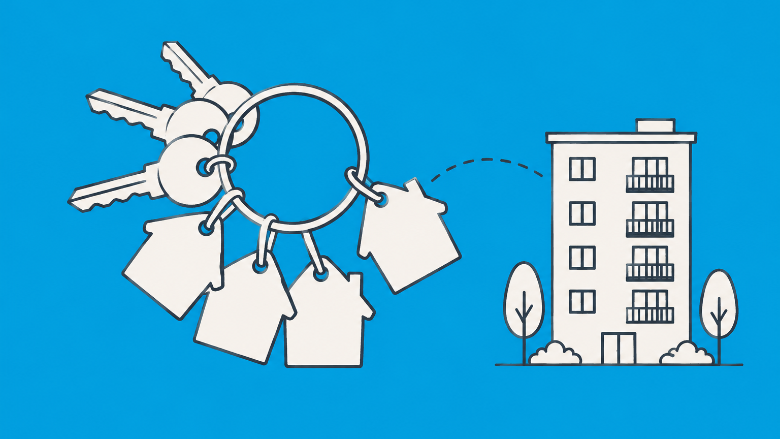 Flat illustration of property keys with blank house-shaped tags representing the selection of LLC names for rental properties.