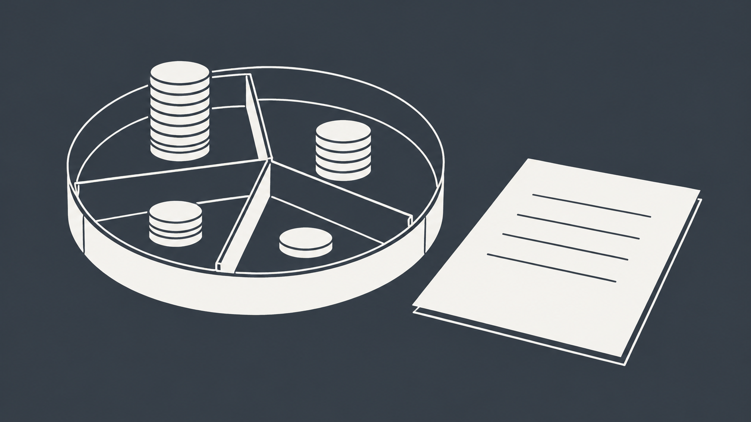 Flat illustration of an adjustable divided tray, coin stacks, and a document representing how to determine LLC ownership percentage.
