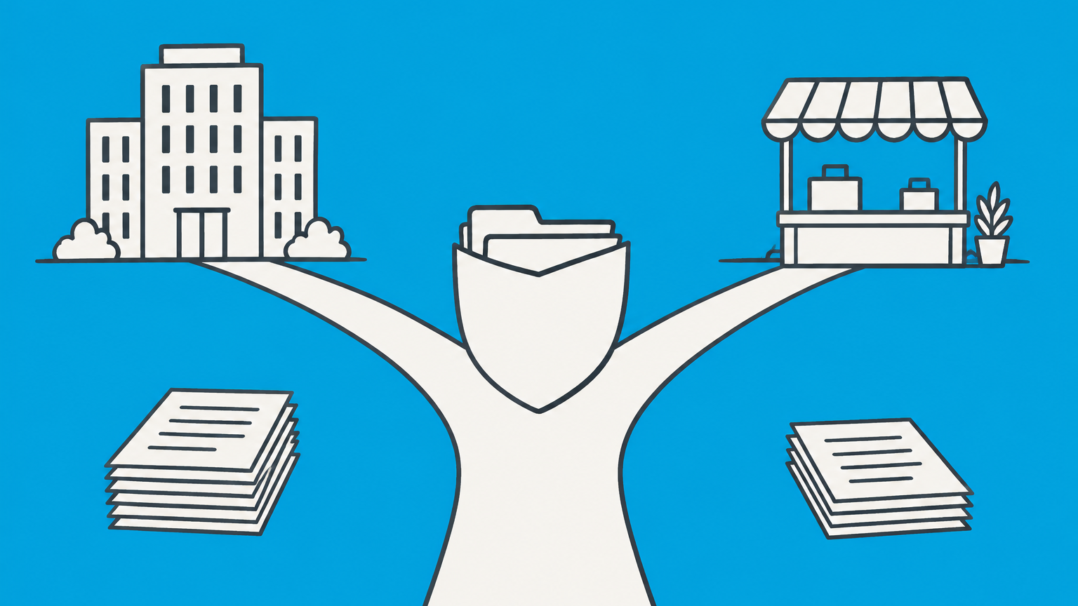 Flat illustration of a shield-shaped LLC folder between incorporated and unincorporated business paths.