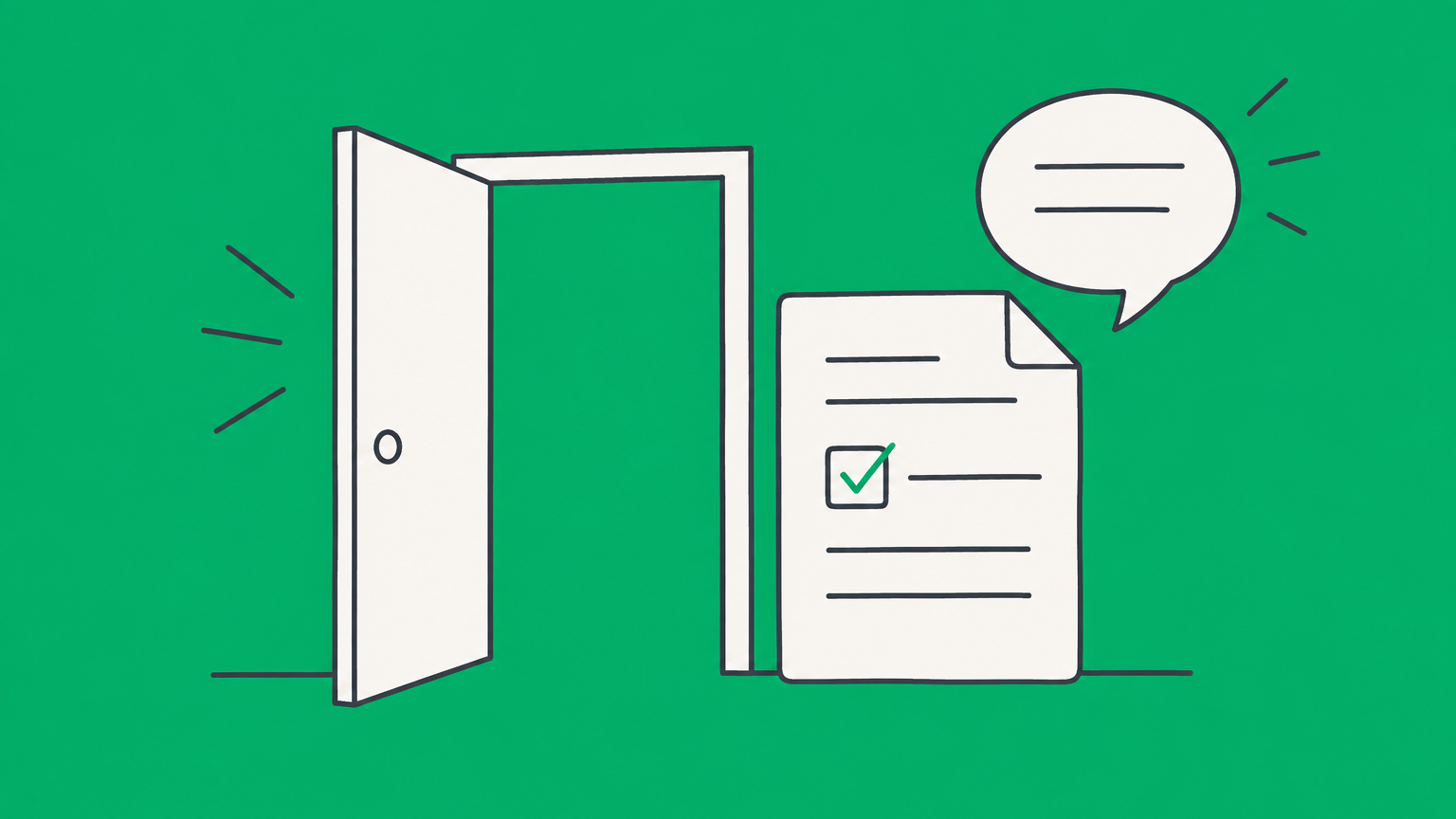 Flat illustration of an open doorway beside a marked document and speech bubble representing admission meaning in general and legal contexts.