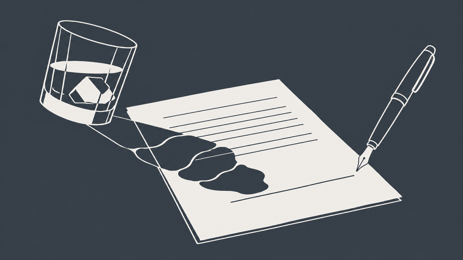 Flat illustration of a pen, contract, and tilted drink casting a distorted shadow to represent signing a contract while drunk.