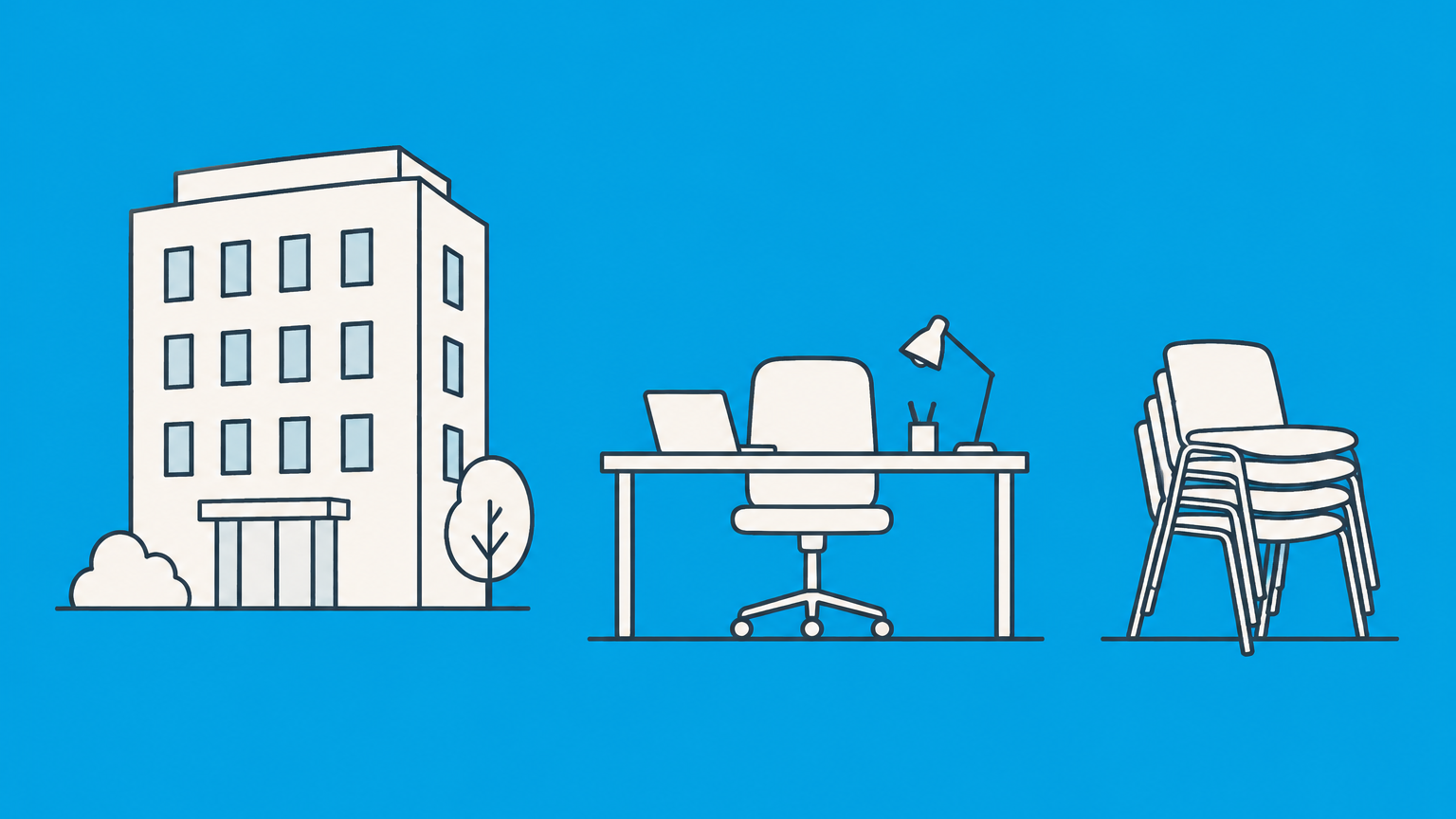 Flat illustration of a small incorporated office with one work desk and stacked empty chairs representing whether a corporation must have employees.