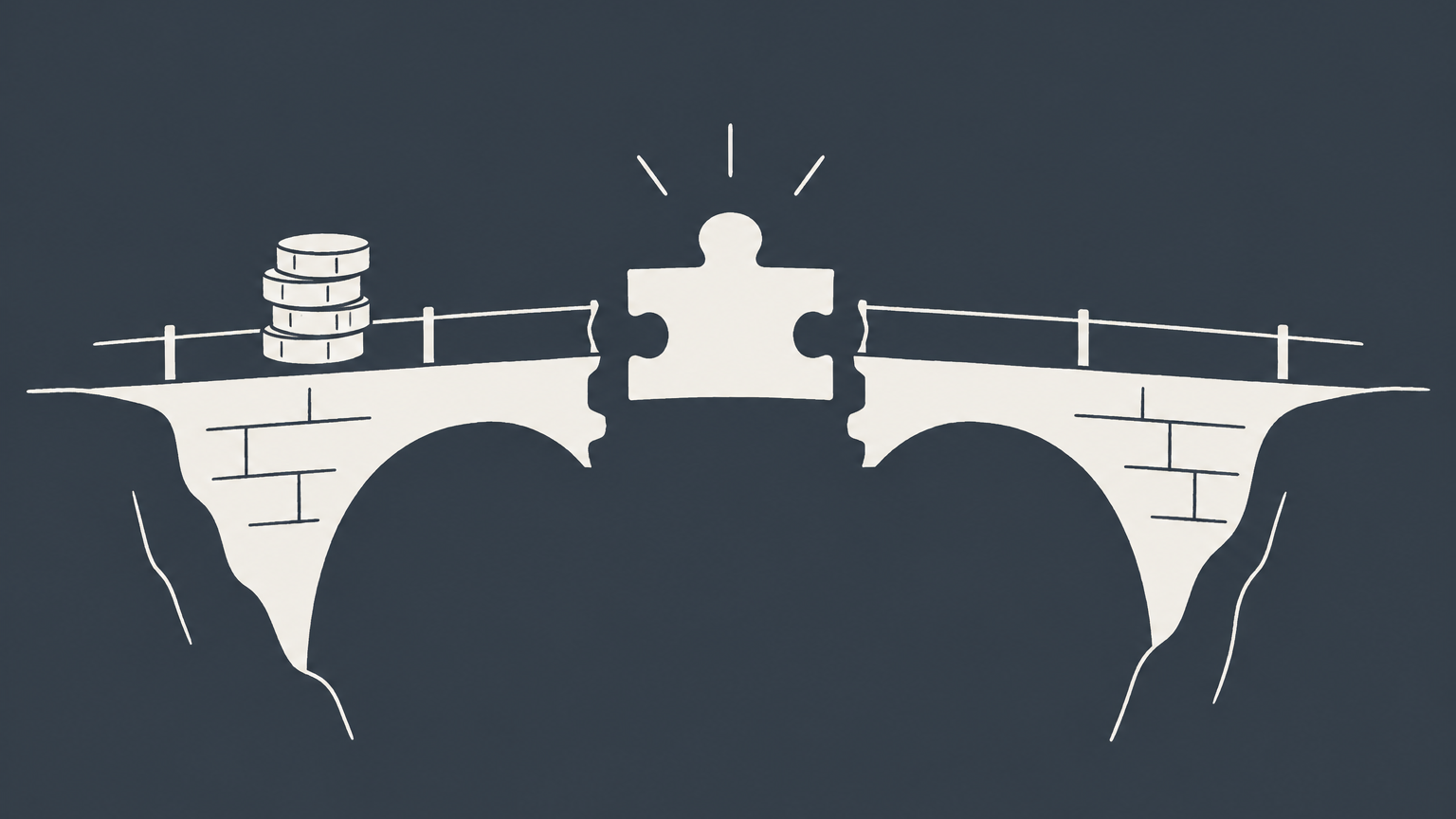 Flat illustration of a broken bridge repaired with a custom-fit piece instead of coins, representing equitable remedies when money is inadequate.