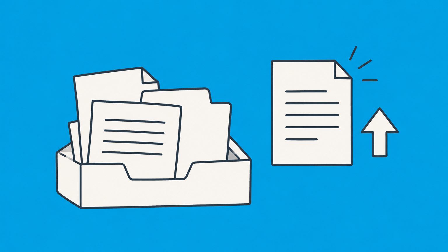 Flat illustration of a document tray, selected filing sheet, and upload arrow representing patent application form selection and submission.