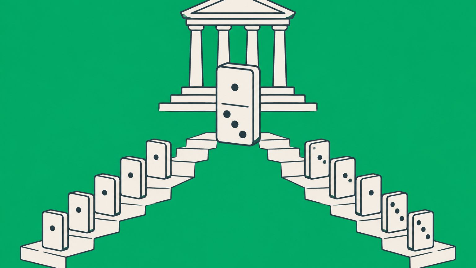 Flat illustration of a leading domino directing later tiles along courthouse steps to represent legal precedent.