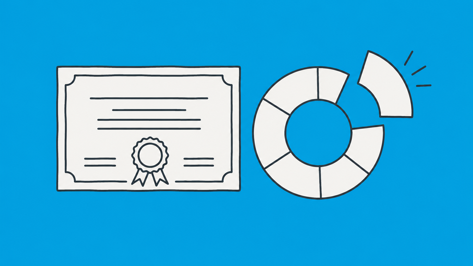Flat illustration of a stock certificate beside a segmented membership ring representing LLC shares, units, and ownership interests.