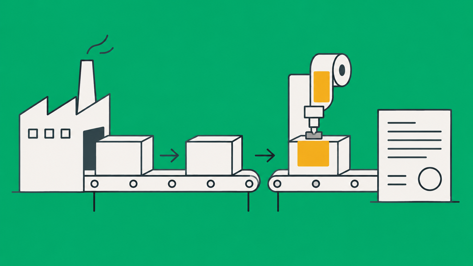 Flat illustration of identical products receiving a new brand label beside a contract sheet to represent white label agreements.