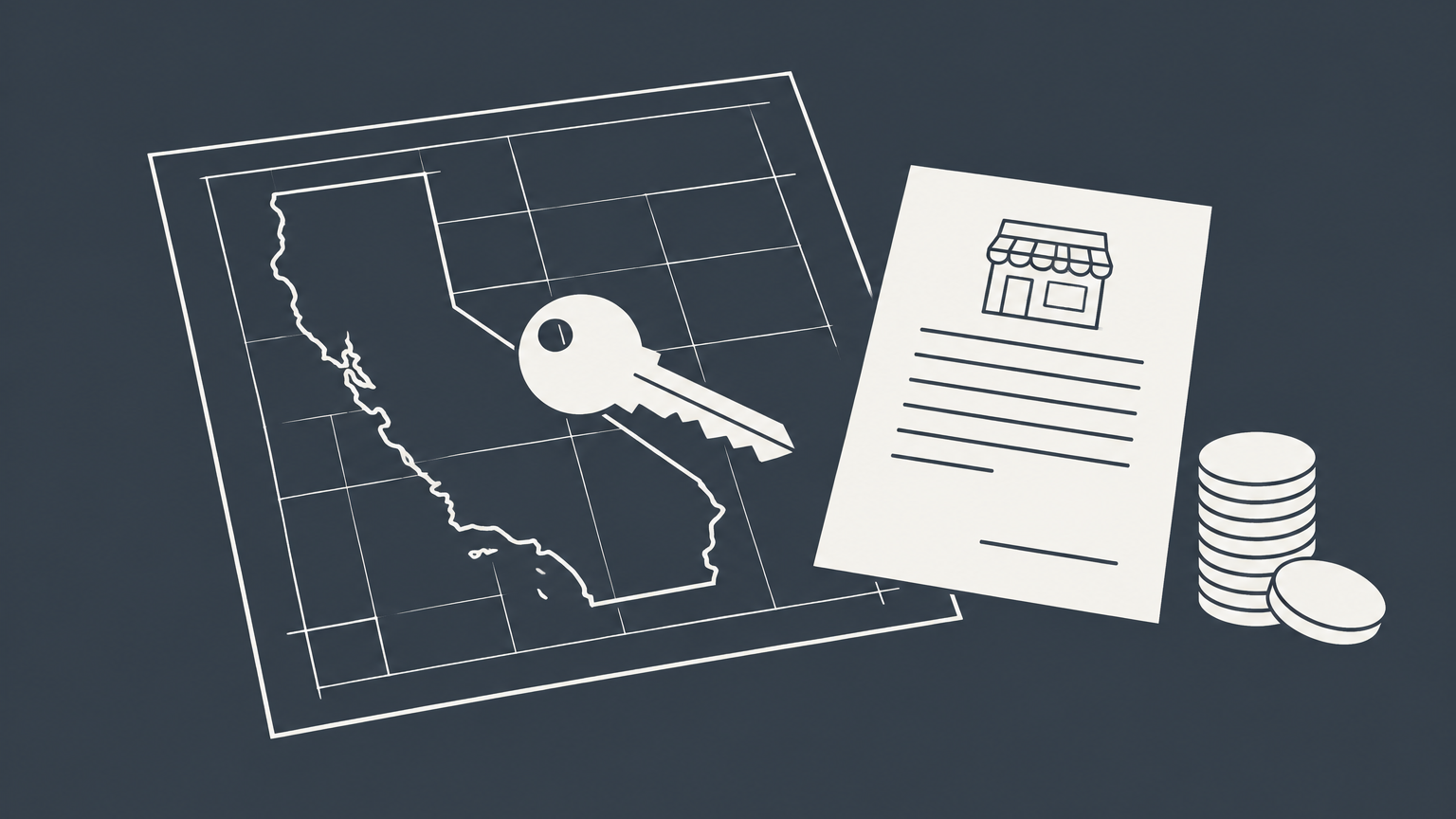 Flat illustration of a storefront key, California-shaped blueprint, permit sheet, and coins representing how to open a bar in California.