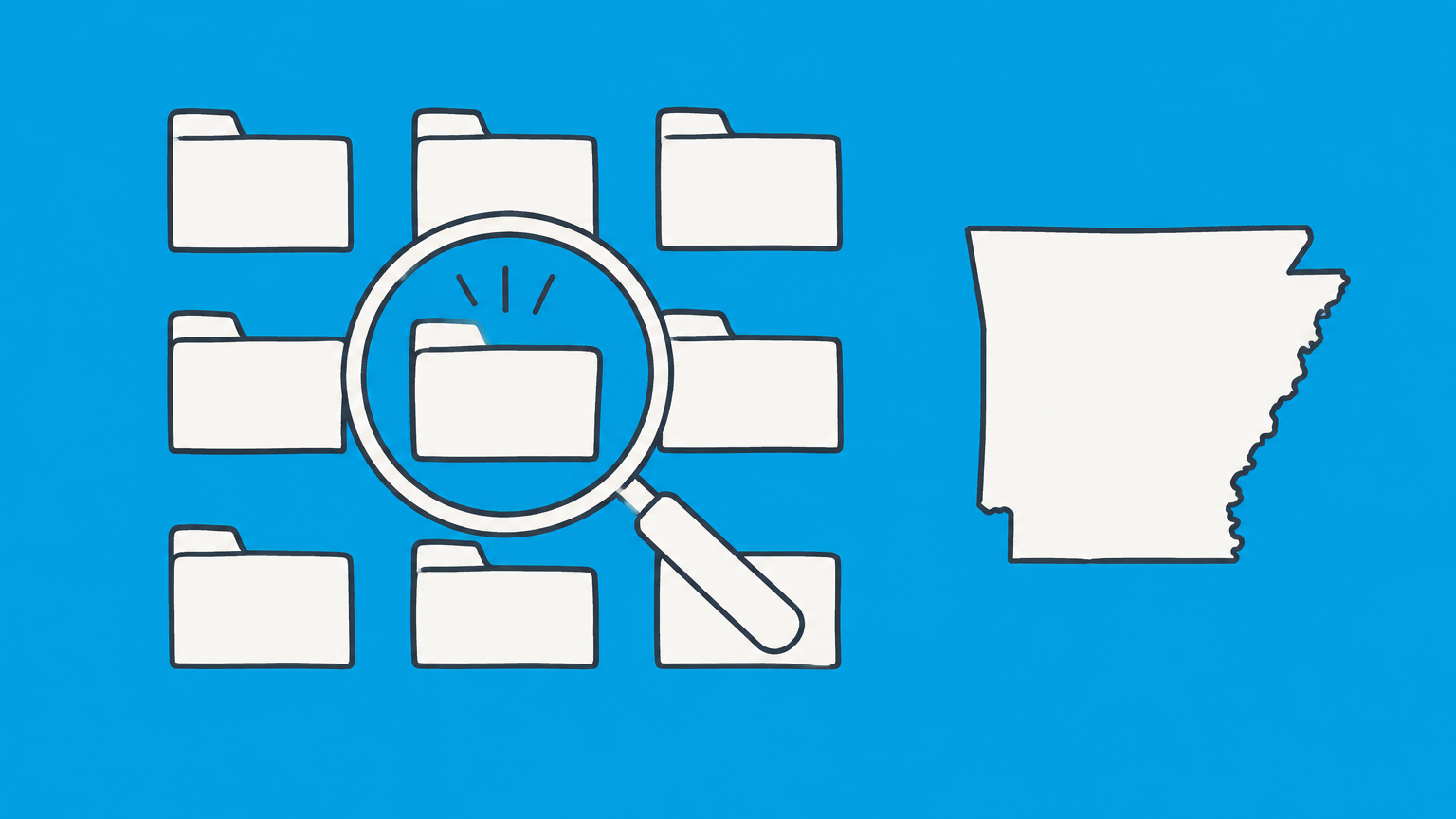 Flat illustration of a magnifying glass selecting a business-record folder beside an Arkansas marker for the AR Secretary of State business search.