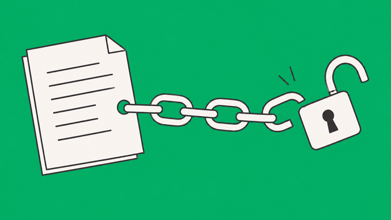 Flat illustration of a paper document, chain, and open padlock representing cancellation of a promissory note.