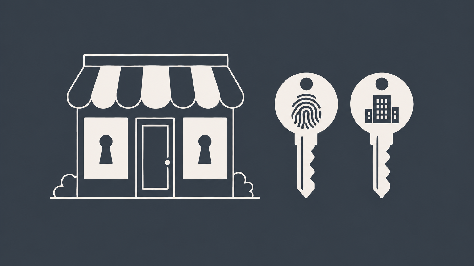 Flat illustration of a storefront with separate individual and business identification keys representing ITIN and LLC formation.