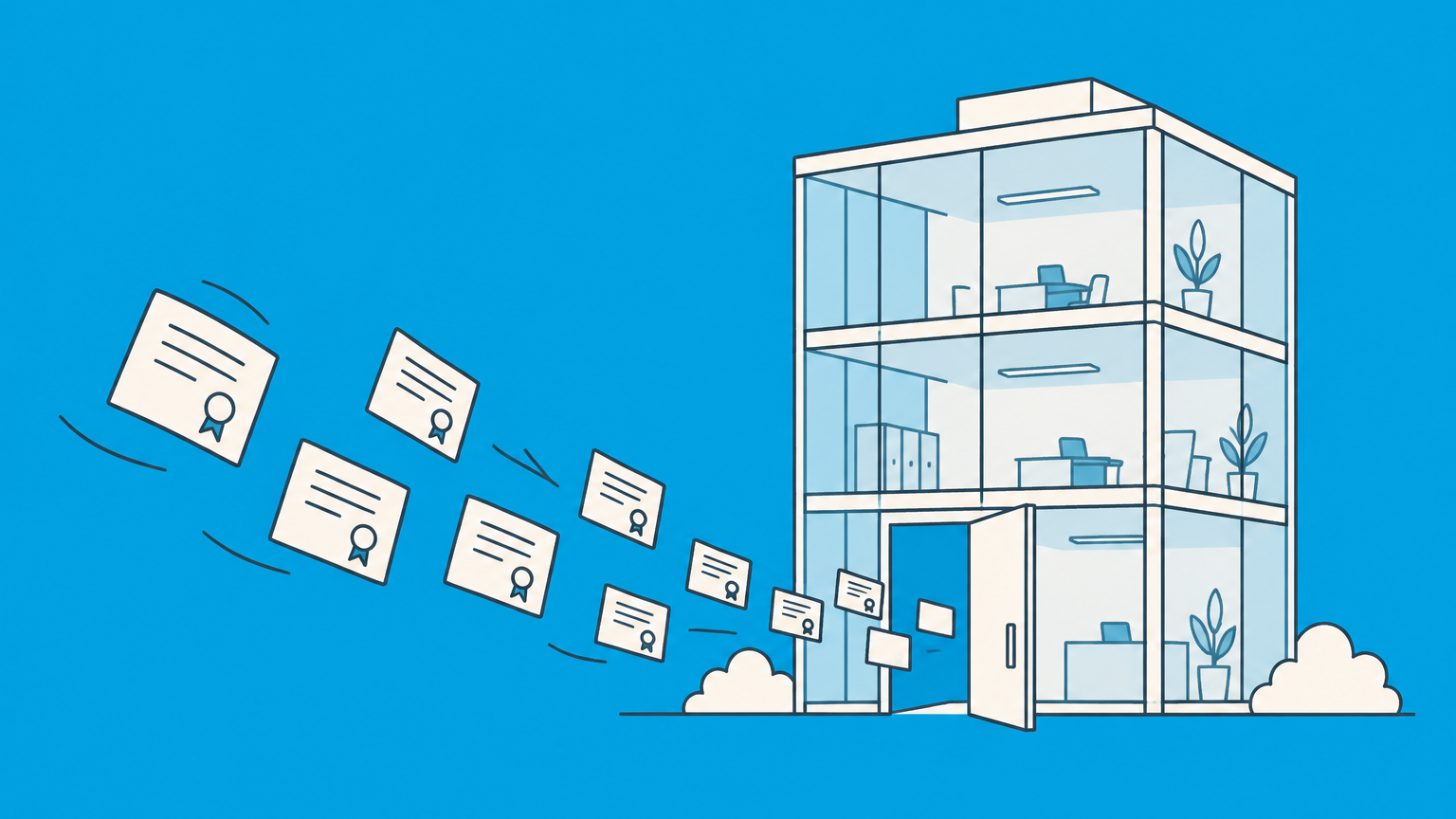 Flat illustration of a transparent company building distributing share certificates to represent a public limited company.