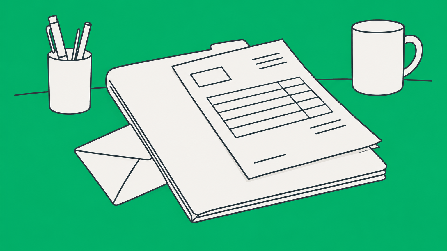 Flat illustration of a concealed envelope beneath a contract folder representing illegal kickbacks in business.