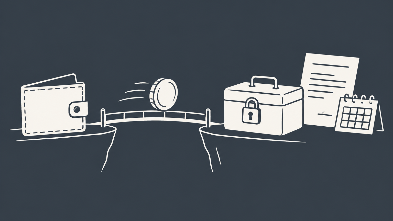 Flat illustration of a coin moving from a personal wallet into a business cashbox beside a contract and calendar, representing a loan to your own LLC.
